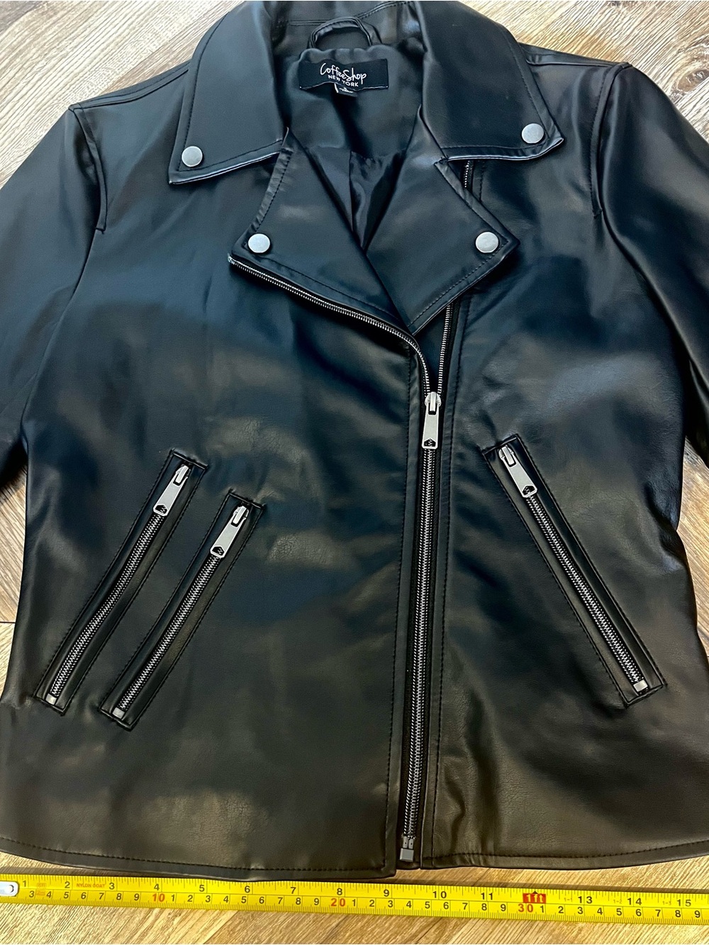 CoffeeShop Black Faux Leather Asymmetrical Moto Biker Punk Jacket Small - Picture 7 of 11